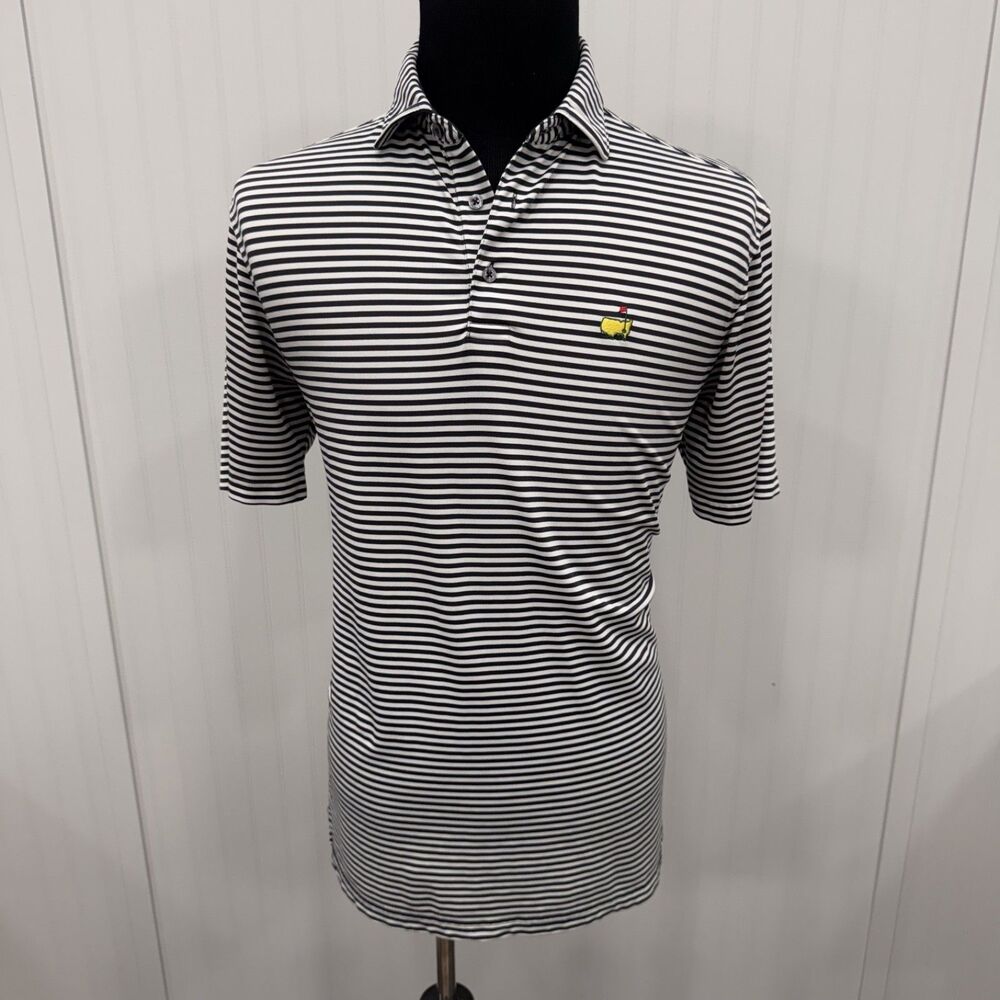Masters Tech Men's Medium Black & White Striped Short Sleeve Polo Golf Shirt